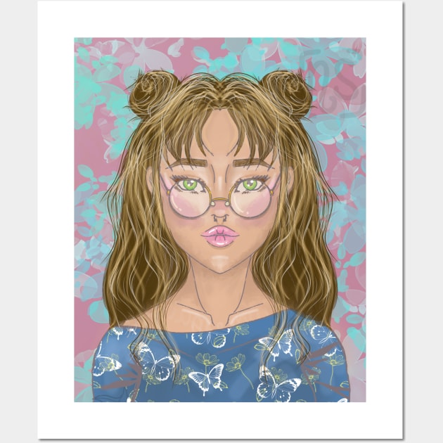 Boho Cute Girl Portrait Art Design Anime Inspired Tee for Whimsical Fashion Wall Art by Nemui Sensei Designs